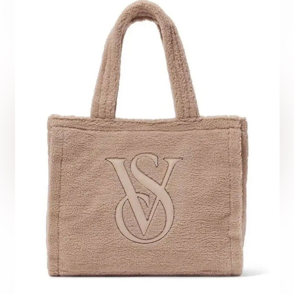 Victorias Secret Tan Fuzzy Teddy Logo Tote Bag Neutral Minimalist Travel Basic